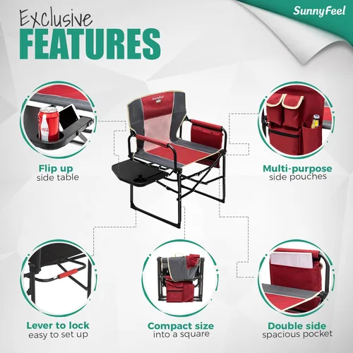Miniatura 5 de SUNNYFEEL Silla de directores de camping, resistente, silla plegable portátil de gran tamaño con mesa auxiliar, bolsillo para playa, pesca, viaje