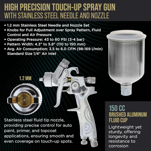 Miniatura 3 de Mini HVLP Pistola de retoque con punta de 1,2 mm fluido y regulador