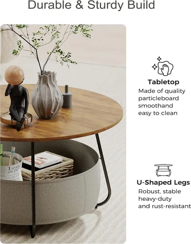 Miniatura 8 de Manora Mesa auxiliar redonda pequeña para sala de estar, mesa central moderna con almacenamiento de cesta de tela, bonita mesa circular