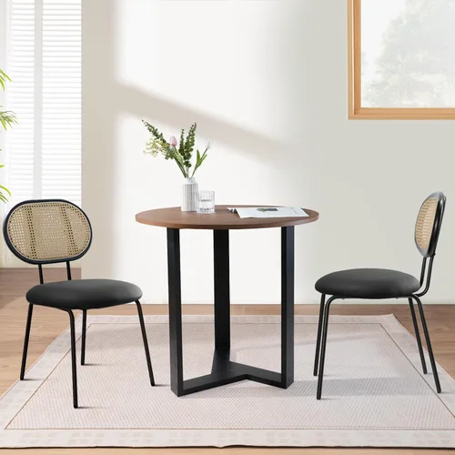 Miniatura 6 de Juego de 2 sillas de comedor con respaldo de ratán moderno de mediados de siglo, sillas laterales de cocina tapizadas de cuero negro con patas