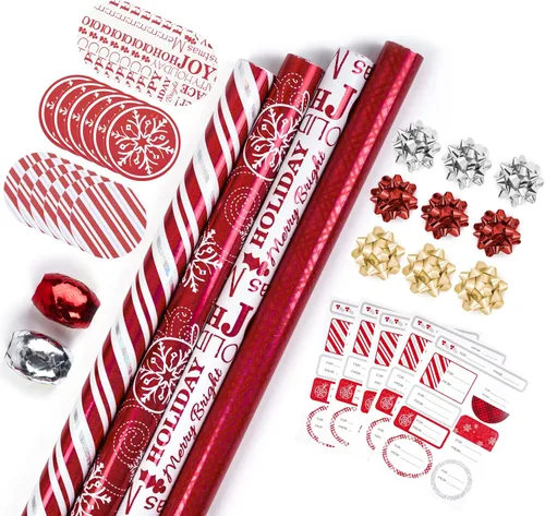 Miniatura 20 de WRAPAHOLIC Rollo de papel de regalo de Navidad de 30 pulgadas - Rollo jumbo rojo, verde y rosa de gnomo de Navidad y elfo festivo, colección de 4