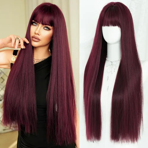 Miniatura 14 de 7JHH WIGS - Peluca de cabello sintético largo y liso con flequillo para mujer, aspecto natural (22 pulgadas, té negro)