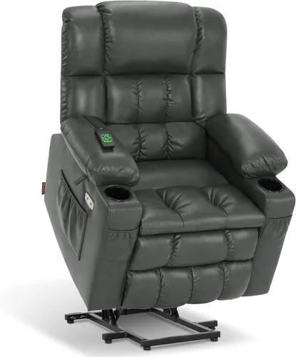 Miniatura 33 de MCombo Silla reclinable eléctrica de motor dual para adultos mayores, silla de elevación plana con calor y masaje, portavasos, puertos USB, piel