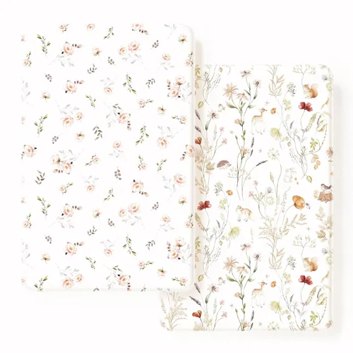 Miniatura 14 de GRSSDER Juego de 2 sábanas ajustadas de punto de jersey elástico ultra suave, paquete portátil y mini sábanas para niñas, elegante acuarela rosa