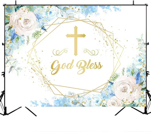 Miniatura 5 de Avezano Telón de fondo azul con texto en inglés "Boy God Bles", fondo floral azul para baby shower, para primera comunión, decoración de baby shower