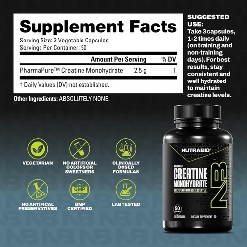 Miniatura 2 de NutraBio Cápsulas de Monohidrato de Creatina Micronizada Pura, Píldoras de Creatina, Apoya la Energía Muscular para Volumen, la Recuperación