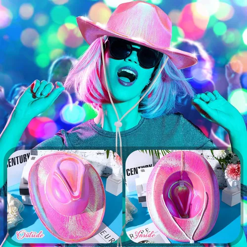 Miniatura 6 de Geyoga 6 piezas de sombrero de vaquero holográfico rosa para mujer, sombrero metálico para rave, sombrero de vaquero brillante, accesorios de fiesta