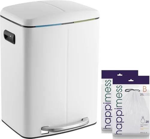 happimess HPM1005C Marco Rectangular Cesta de Basura de Cubo Doble de 10.5 Galones con Tapa de Cierre Suave, Blanco