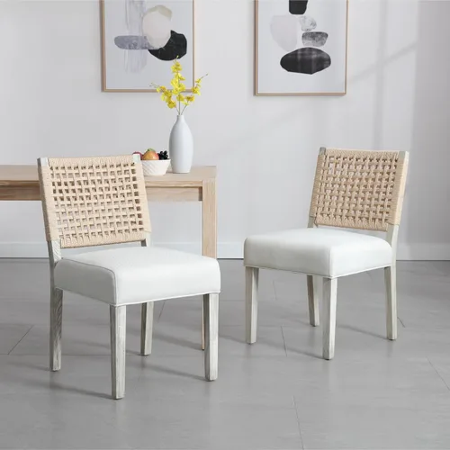 Miniatura 18 de chairus Juego de 2 sillas de comedor tapizadas, sillas de comedor costeras bohemias con respaldo de cuerda tejida de nogal marrón, patas de madera