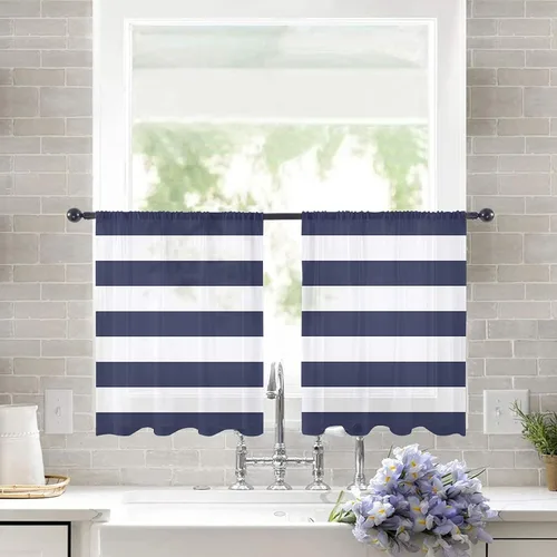 Miniatura 2 de Cortinas transparentes de rayas azules y blancas de 45 pulgadas de largo, juego de 2 paneles de cortinas semitransparentes con bolsillo para barra