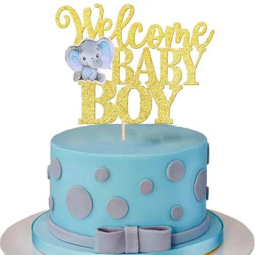 1 pieza de decoración de pastel de bebé niño con purpurina para baby shower, elefante, decoración de pastel It's a Boy para recién nacidos,