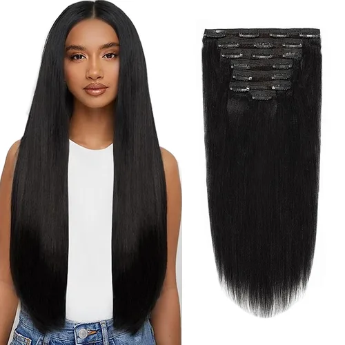 Extensiones de cabello lacio italiano Yaki con clip, cabello humano Remy real, grado 8A, grueso, virgen, 4C, afroamericanos, cabeza completa, color