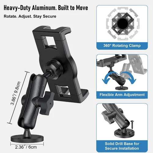 Miniatura 3 de Soporte de tableta industrial para camión y vehículo, base de taladro resistente, soporte para iPad para automóvil, brazo de aluminio ajustable