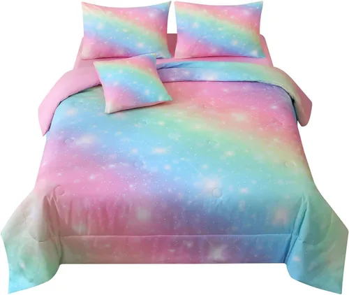 Miniatura 2 de JQinHome Juego de ropa de cama con purpurina, tamaño individual, ropa de cama de 6 piezas en una bolsa, juego de edredón 3D colorido arco iris
