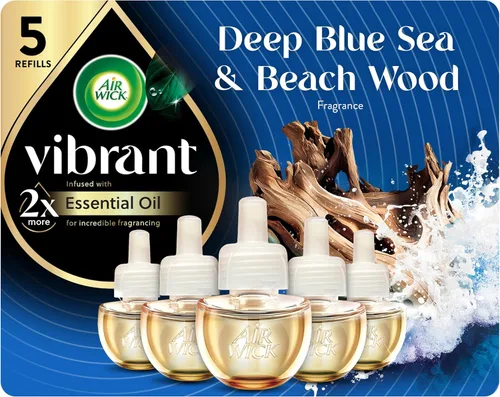 Air Wick Vibrante repuesto de aceite perfumado para enchufar, infundido con aceites esenciales, ambientadores enchufables para el hogar, madera azul