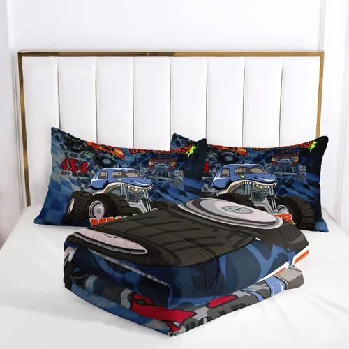 Miniatura 5 de AILONEN Juego de edredón de camión tamaño individual, juego de ropa de cama con temática de camión monstruo 3D sobre fondo azul, para niños y niñas