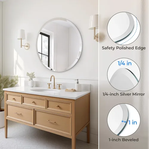 Miniatura 2 de USHOWER Espejo de baño redondo sin marco de 24 pulgadas, espejo de tocador circular para decoración de pared, con borde biselado, para baño, sala