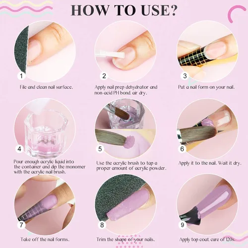 Miniatura 6 de Saviland Kit de iniciación de uñas acrílicas: polvo y líquido acrílico rosa claro nude, cepillo, limas, formularios, uñas a presión, juego