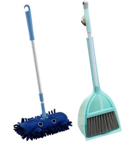 Mini herramientas de limpieza para niños, 3 piezas incluyen trapeador, escoba, recogedor (trapeador azul, escoba azul y recogedor)