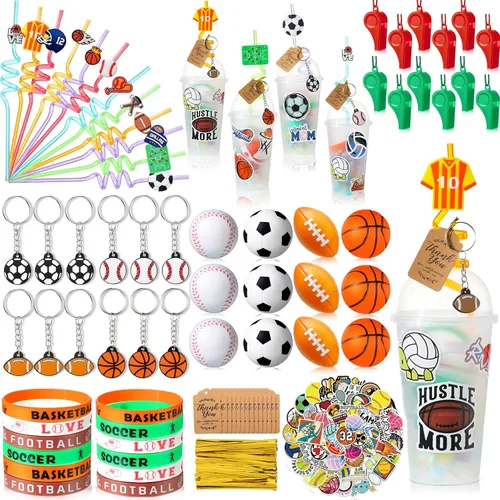 Weysat 184 piezas de artículos para fiestas deportivas, rellenos para bolsas de regalos, taza, pajita, pelota antiestrés, llavero, calcomanía,