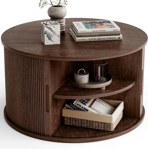 Miniatura 12 de LINSY HOME - Mesa de centro redonda, mesa de centro de 31.5" con puerta de tambor deslizante, mesa auxiliar acampanada con almacenamiento, mesa