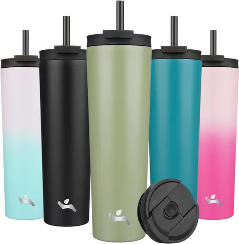 Miniatura 23 de Konokyo Vaso aislado de 18 onzas con tapa y 2 pajillas, botella de agua de acero inoxidable, taza de viaje al vacío, taza de café, color blanco ángel