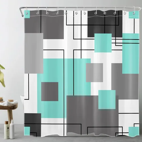 Miniatura 13 de LB Cortina de ducha geométrica a rayas grises y blancas, cortinas de ducha abstractas de mediados de siglo verde salvia para baño, 72 x 72 pulgadas