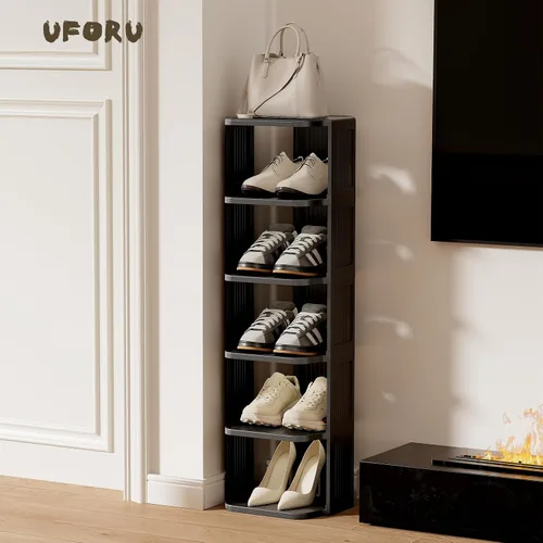 Miniatura 2 de UFORU - Zapatero pequeño, organizador de zapatos vertical de 5 niveles de plástico para espacios pequeños y estrechos, organizador de zapatos Negro