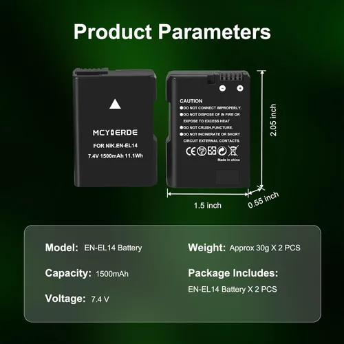 Miniatura 6 de Paquete de 2 baterías de repuesto EN-EL14 EN-EL14a, batería de litio recargable de 1500 mAh compatible con D3100 D3200 D3300 D3400 D3500 D5100 D5200