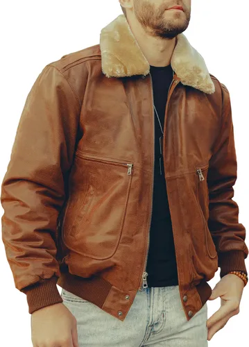 Miniatura 6 de FLAVOR Chaqueta bomber de cuero real para hombre con cuello de piel extraíble Aviator