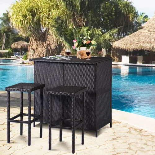 Miniatura 3 de ReunionG Juego de 3 taburetes de mimbre y mesa de mimbre para exteriores, con 2 estantes de almacenamiento para césped, piscina, patio trasero