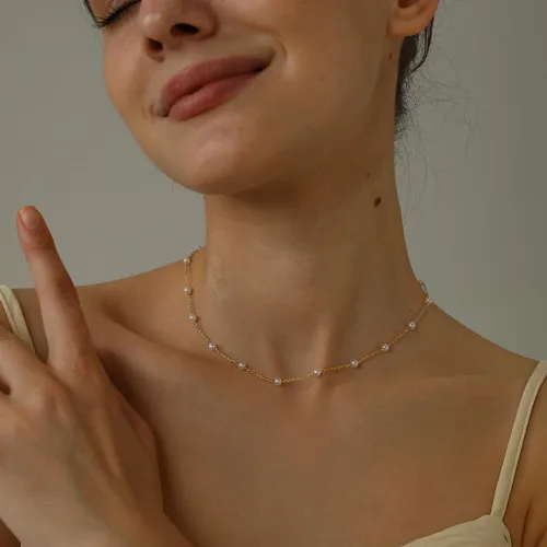 Miniatura 3 de Collares de perlas para mujer, gargantilla de perlas chapadas en oro de 14 quilates, collar de perlas de oro delicado, gargantilla de oro simple