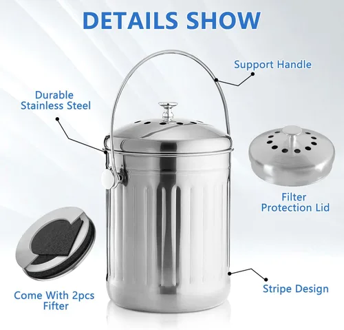 Miniatura 4 de ENLOY Cubo de abono para encimera de cocina, cubo de abono interior de acero inoxidable de 1.3 galones para encimera de cocina, cubo de compost