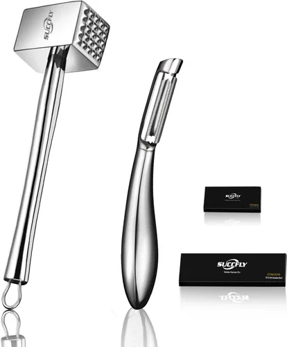 SUCCFLY Kit de herramientas de cocina de alta calidad, martillo ablandador de carne resistente + pelador de frutas y verduras en forma de I,