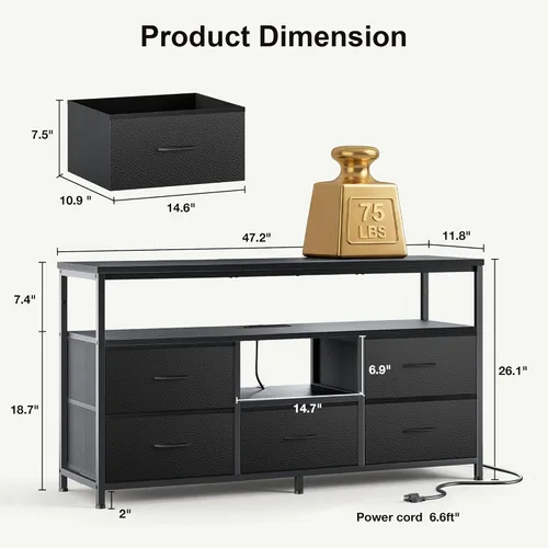 Miniatura 2 de Soporte de TV con luces LED y estación de carga, soporte de TV de 55 pulgadas para dormitorio, almacenamiento de cajones de tela, centro