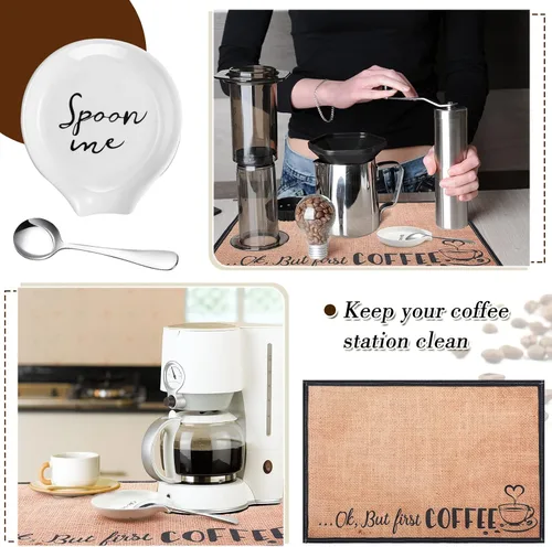 Miniatura 5 de Skyley Soporte para cucharas de café, juego de 3 piezas, tapete rústico para bar, soporte para cucharas para encimera de cocina, estufa, soporte