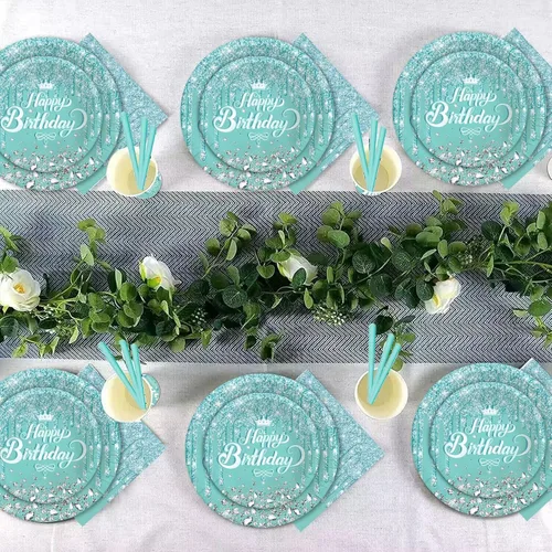 Miniatura 5 de Vajilla de fiesta verde azulado y plateado, paquete completo para cumpleaños, fiesta de baby shower, incluye platos, vasos, servilletas, pajitas