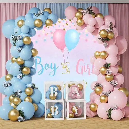Miniatura 6 de Telón de fondo redondo para revelación de género para niño o niña, lunares azules y rosados, globo de fotografía, revelación de género, suministros
