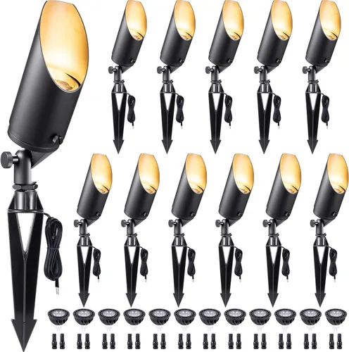 Miniatura 22 de Gardenreet Focos de paisaje de latón de bajo voltaje, luz LED para exteriores de 12 V, luces con cable IP65 impermeables, bronce antiguo