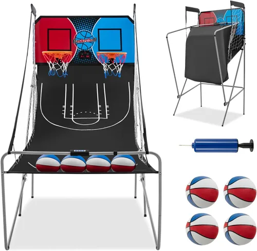 GYMAX Juego de Baloncesto Arcade Interior Plegable con 8 Modos de Juego, Sonido de Arcade, 4 Pelotas y Bomba de Inflado, Juegos de Baloncesto
