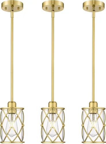 Luces Colgantes de Oro Cepillado para Isla de Cocina Paquete de 3, Iluminación Colgante de Cristal para Cocina sobre Isla con Varilla, Moderna Mini