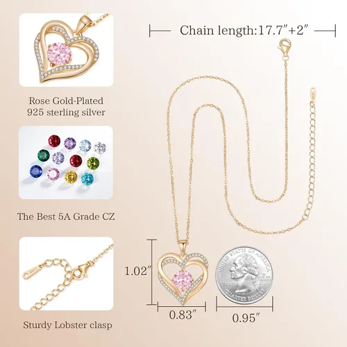 Miniatura 228 de LOUISA SECRET Love Heart Birthstone Necklaces for Women, Birthday Gift for Women, Anniversary Jewelry for Wife Her, 925 Sterling Silver Pendant