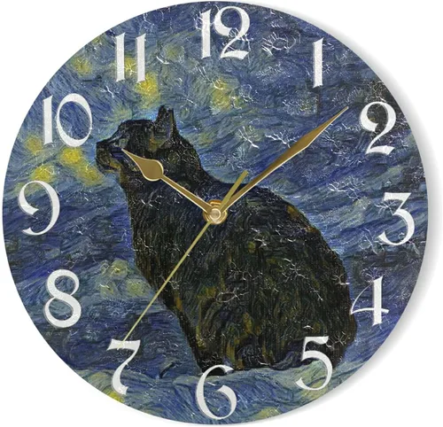 Naanle Reloj de pared redondo con diseño de gato con pintura al óleo, Van Gogh, silencioso, sin tictac, funciona con pilas, para decoración de la