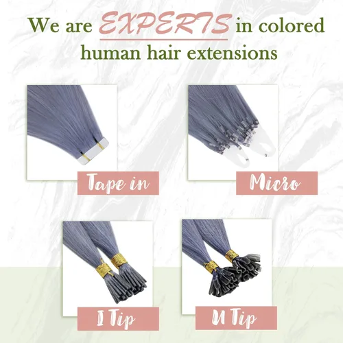 Miniatura 7 de RUNATURE Extensiones de cabello humano real con micro cuentas, color azul claro, 16 pulgadas, extensiones de cabello humano Remy de color azul