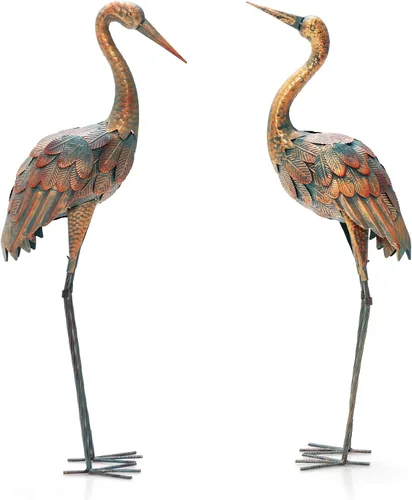 Miniatura 8 de Giantex Juego de 2 estatuas de jardín de grúa, esculturas de grúa de metal de pie, decoración de pájaro para césped, patio trasero, porche, patio