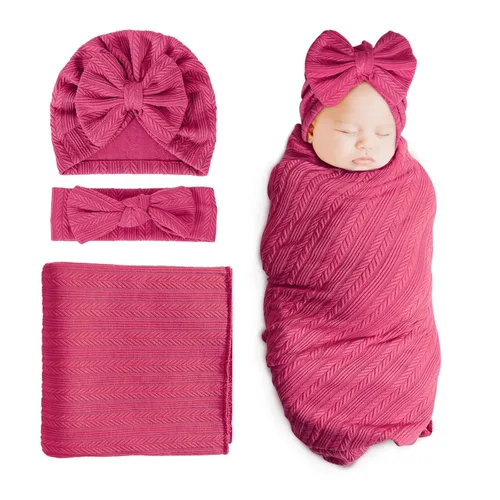 Miniatura 20 de DRESHOW BQUBO Manta de recepción para recién nacido, cálida para niñas con sombrero de lazo y diadema de lazo, regalo para baby shower 1 juego