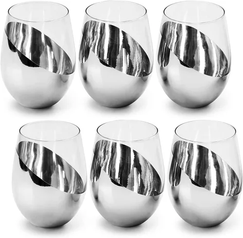MyGift Juego de 6 copas de vino modernas sin tallo, copas de vino blanco o tinto con fondo metálico plateado en ángulo plata (juego de 6)