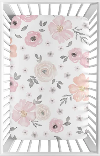 Sweet Jojo Designs Mini sábana de cuna portátil para niña, color rosa y gris, colección floral de acuarela, para mini cuna o paquete y juego solo
