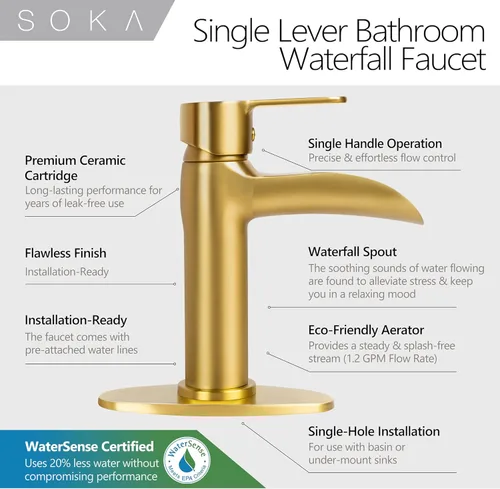 Miniatura 6 de SOKA Grifo dorado para lavabo de baño con cascada, grifo de lavabo de un solo orificio con drenaje emergente, grifo moderno para fregadero de tocador