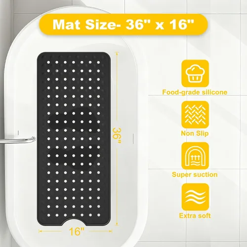 Miniatura 2 de Tapete de silicona antideslizante para bañera de 36 x 16 pulgadas, con orificios de drenaje y ventosas, tapetes mejorados para bañera y ducha, Negro